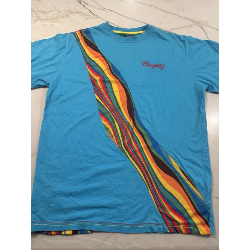 COOGI Mens XL Blue Rainbow Stripe T Shirt Embroidered Logo Designer Streetwear